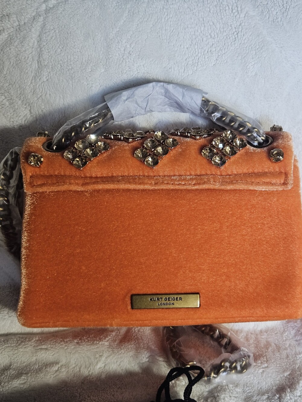 Kurt Geiger Orange Velvet Mini Bag with Crystal Embellishments - Picture 3 of 12
